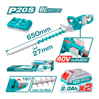 Թուփ էտող գործիք մարտկոցային 40Վ (2x20Վ) 650մմ (2 մարտկոցով, լիցքավորիչով) TOTAL THTLI400282 (ԿՈԴ 15091)